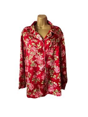 Victoria Secret PINK Red Floral Silky PJ Top Blouse XXL Womens Sleep Shirt Soft!